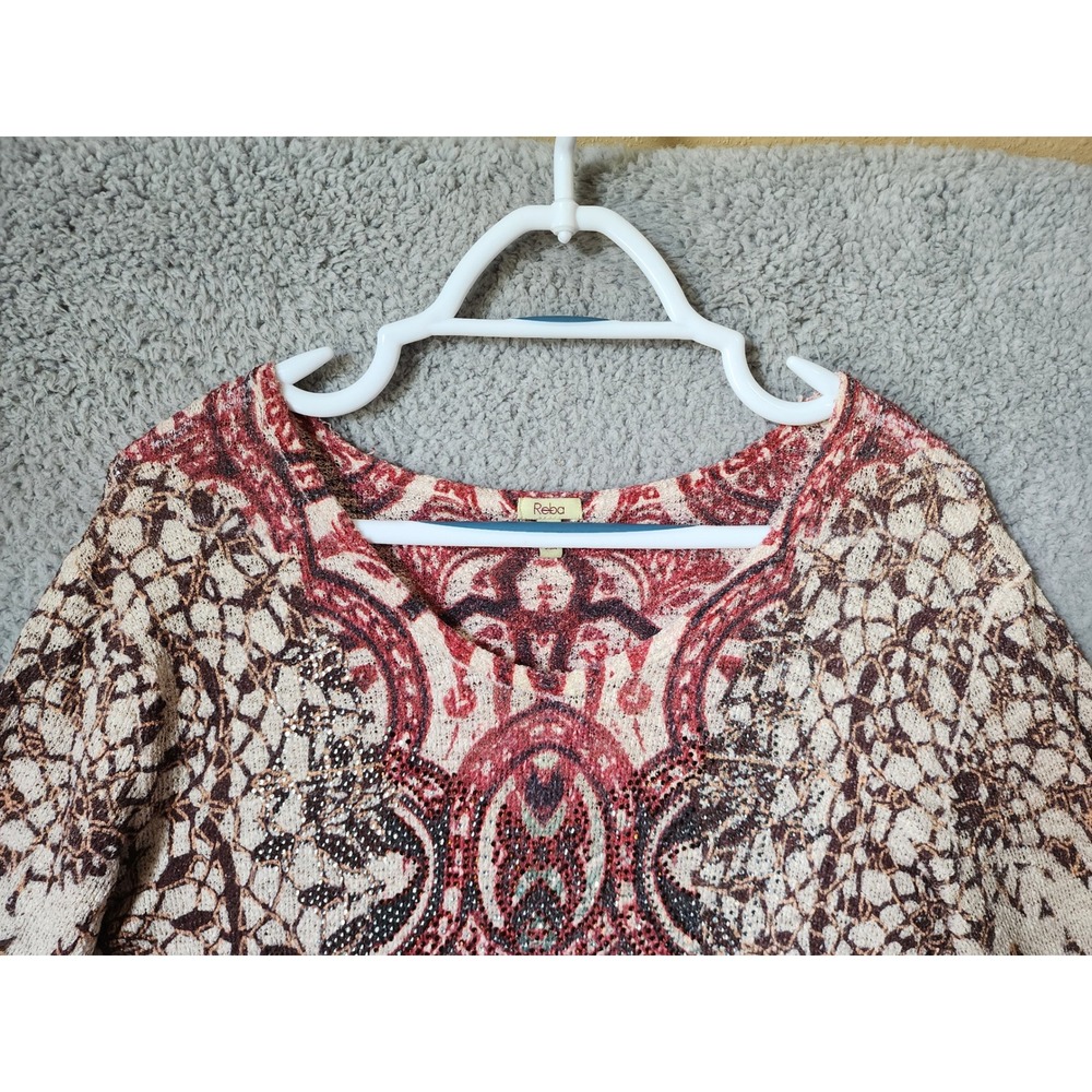 Reba Top Women XL Red Multi Paisley Rhinestone Asymmetrical Hem Long Sleeve - Picture 2 of 13